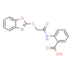 ChemSpider 2D Image | 2-{[(1,3-Benzoxazol-2-ylsulfanyl)acetyl]amino}benzoic acid | C16H12N2O4S