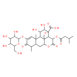 ChemSpider 2D Image | 2-(Hexopyranosyloxy)-11,12-dihydroxy-15-[(3-methylbutanoyl)oxy]-3,16-dioxo-13,20-epoxypicras-1-en-21-oic acid | C31H42O16