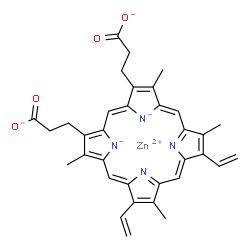 ChemSpider 2D Image | zinc;3-[(1Z,4Z,9Z,14Z)-18-(2-carboxylatoethyl)-3,7,12,17-tetramethyl-8,13-divinyl-porphyrin-21,24-diid-2-yl]propanoate | C34H30N4O4Zn