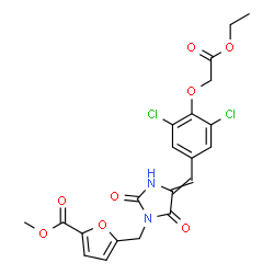 ChemSpider 2D Image | Methyl 5-({4-[3,5-dichloro-4-(2-ethoxy-2-oxoethoxy)benzylidene]-2,5-dioxo-1-imidazolidinyl}methyl)-2-furoate | C21H18Cl2N2O8