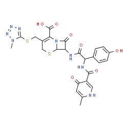 ChemSpider 2D Image | 7-{[(4-Hydroxyphenyl){[(6-methyl-4-oxo-1,4-dihydro-3-pyridinyl)carbonyl]amino}acetyl]amino}-3-{[(1-methyl-1H-tetrazol-5-yl)sulfanyl]methyl}-8-oxo-5-thia-1-azabicyclo[4.2.0]oct-2-ene-2-carboxylic acid | C25H24N8O7S2