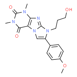 ChemSpider 2D Image | 8-(3-Hydroxypropyl)-7-(4-methoxyphenyl)-1,3-dimethyl-1H-imidazo[2,1-f]purine-2,4(3H,8H)-dione | C19H21N5O4