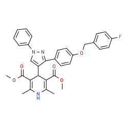 ChemSpider 2D Image | Dimethyl 4-(3-{4-[(4-fluorobenzyl)oxy]phenyl}-1-phenyl-1H-pyrazol-4-yl)-2,6-dimethyl-1,4-dihydro-3,5-pyridinedicarboxylate | C33H30FN3O5