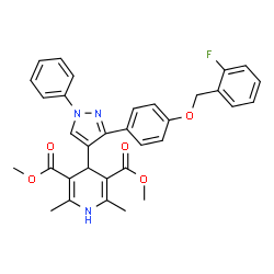 ChemSpider 2D Image | Dimethyl 4-(3-{4-[(2-fluorobenzyl)oxy]phenyl}-1-phenyl-1H-pyrazol-4-yl)-2,6-dimethyl-1,4-dihydro-3,5-pyridinedicarboxylate | C33H30FN3O5