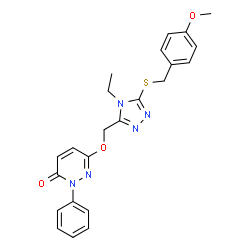 ChemSpider 2D Image | 6-({4-Ethyl-5-[(4-methoxybenzyl)sulfanyl]-4H-1,2,4-triazol-3-yl}methoxy)-2-phenyl-3(2H)-pyridazinone | C23H23N5O3S