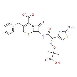 ChemSpider 2D Image | 7-{[(2-Amino-1,3-thiazol-4-yl){[(2-carboxy-2-propanyl)oxy]imino}acetyl]amino}-8-oxo-3-(1-pyridiniumylmethyl)-5-thia-1-azabicyclo[4.2.0]oct-2-ene-2-carboxylate | C22H22N6O7S2
