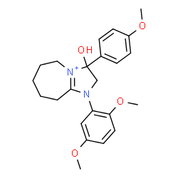 ChemSpider 2D Image | 3H-imidazo[1,2-a]azepinium, 1-(2,5-dimethoxyphenyl)-2,5,6,7,8,9-hexahydro-3-hydroxy-3-(4-methoxyphenyl)- | C23H29N2O4