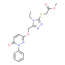 ChemSpider 2D Image | Methyl [(4-ethyl-5-{[(6-oxo-1-phenyl-1,6-dihydro-3-pyridazinyl)oxy]methyl}-4H-1,2,4-triazol-3-yl)sulfanyl]acetate | C18H19N5O4S