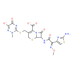 ChemSpider 2D Image | 7-{[(2-Amino-1,3-thiazol-4-yl)(methoxyimino)acetyl]amino}-3-{[(2-methyl-6-oxido-5-oxo-2,5-dihydro-1,2,4-triazin-3-yl)sulfanyl]methyl}-8-oxo-5-thia-1-azabicyclo[4.2.0]oct-2-ene-2-carboxylate | C18H16N8O7S3