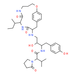 ChemSpider 2D Image | N-[4-{[8-sec-Butyl-7,10-dioxo-2-oxa-6,9-diazabicyclo[11.2.2]heptadeca-1(15),13,16-trien-11-yl]amino}-3-hydroxy-1-(4-hydroxyphenyl)-2-butanyl]-3-methyl-2-(2-oxo-1-pyrrolidinyl)butanamide | C37H53N5O7
