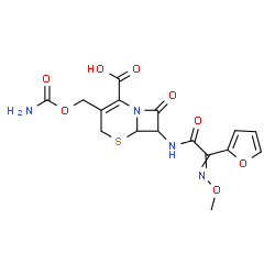 ChemSpider 2D Image | 3-[(Carbamoyloxy)methyl]-7-{[2-furyl(methoxyimino)acetyl]amino}-8-oxo-5-thia-1-azabicyclo[4.2.0]oct-2-ene-2-carboxylic acid | C16H16N4O8S