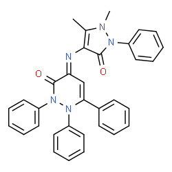 ChemSpider 2D Image | (4E)-4-[(1,5-Dimethyl-3-oxo-2-phenyl-2,3-dihydro-1H-pyrazol-4-yl)imino]-1,2,6-triphenyl-1,4-dihydro-3(2H)-pyridazinone | C33H27N5O2