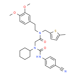 ChemSpider 2D Image | N~2~-[(4-Cyanophenyl)carbamoyl]-N~2~-cyclohexyl-N-[2-(3,4-dimethoxyphenyl)ethyl]-N-[(5-methyl-2-thienyl)methyl]glycinamide | C32H38N4O4S