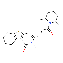 ChemSpider 2D Image | 2-{[2-(2,6-Dimethyl-1-piperidinyl)-2-oxoethyl]sulfanyl}-3-methyl-5,6,7,8-tetrahydro[1]benzothieno[2,3-d]pyrimidin-4(3H)-one | C20H27N3O2S2