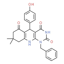 ChemSpider 2D Image | 1-Benzyl-5-(4-hydroxyphenyl)-8,8-dimethyl-5,8,9,10-tetrahydropyrimido[4,5-b]quinoline-2,4,6(1H,3H,7H)-trione | C26H25N3O4