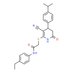 ChemSpider 2D Image | 2-{[3-Cyano-4-(4-isopropylphenyl)-6-oxo-1,4,5,6-tetrahydro-2-pyridinyl]sulfanyl}-N-(4-ethylphenyl)acetamide | C25H27N3O2S
