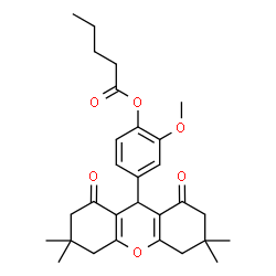 ChemSpider 2D Image | 2-Methoxy-4-(3,3,6,6-tetramethyl-1,8-dioxo-2,3,4,5,6,7,8,9-octahydro-1H-xanthen-9-yl)phenyl valerate | C29H36O6