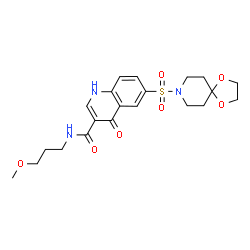 ChemSpider 2D Image | 6-(1,4-Dioxa-8-azaspiro[4.5]dec-8-ylsulfonyl)-N-(3-methoxypropyl)-4-oxo-1,4-dihydro-3-quinolinecarboxamide | C21H27N3O7S