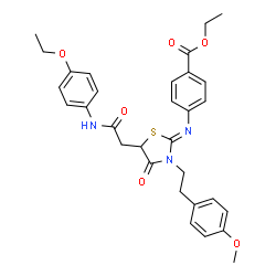 ChemSpider 2D Image | Ethyl 4-[(Z)-(5-{2-[(4-ethoxyphenyl)amino]-2-oxoethyl}-3-[2-(4-methoxyphenyl)ethyl]-4-oxo-1,3-thiazolidin-2-ylidene)amino]benzoate | C31H33N3O6S