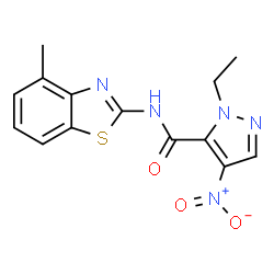 ChemSpider 2D Image | 1-Ethyl-N-(4-methyl-1,3-benzothiazol-2-yl)-4-nitro-1H-pyrazole-5-carboxamide | C14H13N5O3S