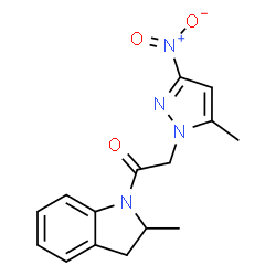 ChemSpider 2D Image | 1-(2-Methyl-2,3-dihydro-1H-indol-1-yl)-2-(5-methyl-3-nitro-1H-pyrazol-1-yl)ethanone | C15H16N4O3