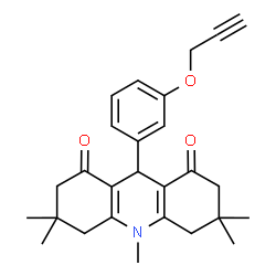 ChemSpider 2D Image | 3,3,6,6,10-Pentamethyl-9-[3-(2-propyn-1-yloxy)phenyl]-3,4,6,7,9,10-hexahydro-1,8(2H,5H)-acridinedione | C27H31NO3