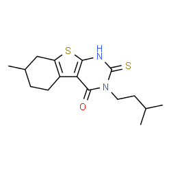 ChemSpider 2D Image | 7-Methyl-3-(3-methylbutyl)-2-sulfanyl-5,6,7,8-tetrahydro[1]benzothieno[2,3-d]pyrimidin-4(3H)-one | C16H22N2OS2