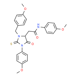 ChemSpider 2D Image | 2-[3-(4-Methoxybenzyl)-1-(4-methoxyphenyl)-5-oxo-2-thioxo-4-imidazolidinyl]-N-(4-methoxyphenyl)acetamide | C27H27N3O5S