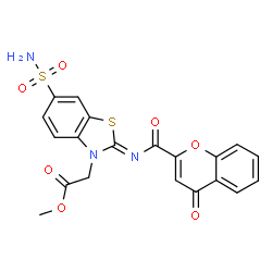 ChemSpider 2D Image | Methyl [(2Z)-2-{[(4-oxo-4H-chromen-2-yl)carbonyl]imino}-6-sulfamoyl-1,3-benzothiazol-3(2H)-yl]acetate | C20H15N3O7S2