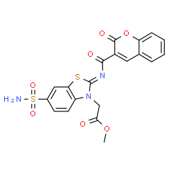 ChemSpider 2D Image | Methyl [(2Z)-2-{[(2-oxo-2H-chromen-3-yl)carbonyl]imino}-6-sulfamoyl-1,3-benzothiazol-3(2H)-yl]acetate | C20H15N3O7S2