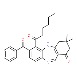 ChemSpider 2D Image | 7-Benzoyl-6-hexanoyl-3,3-dimethyl-2,3,4,5-tetrahydro-1H-dibenzo[b,e][1,4]diazepin-1-one | C28H30N2O3
