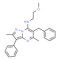 ChemSpider 2D Image | 6-Benzyl-N-(2-methoxyethyl)-2,5-dimethyl-3-phenylpyrazolo[1,5-a]pyrimidin-7-amine | C24H26N4O