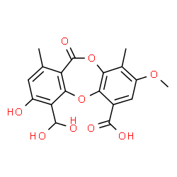 ChemSpider 2D Image | 4-(Dihydroxymethyl)-3-hydroxy-8-methoxy-1,9-dimethyl-11-oxo-11H-dibenzo[b,e][1,4]dioxepine-6-carboxylic acid | C18H16O9