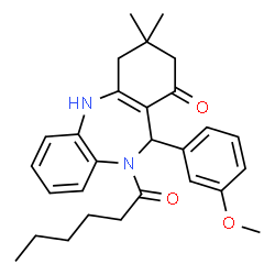 ChemSpider 2D Image | 10-Hexanoyl-11-(3-methoxyphenyl)-3,3-dimethyl-2,3,4,5,10,11-hexahydro-1H-dibenzo[b,e][1,4]diazepin-1-one | C28H34N2O3