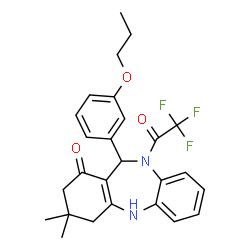 ChemSpider 2D Image | 3,3-Dimethyl-11-(3-propoxyphenyl)-10-(trifluoroacetyl)-2,3,4,5,10,11-hexahydro-1H-dibenzo[b,e][1,4]diazepin-1-one | C26H27F3N2O3