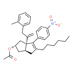 ChemSpider 2D Image | (2S,3aS,6aR)-5-Hexyl-6a-[3-(2-methylphenyl)-1-propen-2-yl]-6-(4-nitrophenyl)-1,2,3,3a,4,6a-hexahydro-2-pentalenyl acetate | C32H39NO4