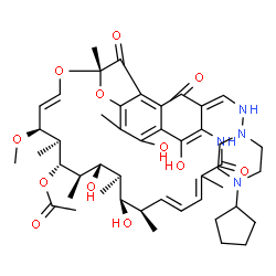 ChemSpider 2D Image | (7S,9E,11S,12S,13S,14R,15S,16R,17R,18R,19E,26E)-26-{[(4-Cyclopentyl-1-piperazinyl)amino]methylene}-2,15,17,29-tetrahydroxy-11-methoxy-3,7,12,14,16,18,22-heptamethyl-6,23,27-trioxo-8,30-dioxa-24-azatet
racyclo[23.3.1.1~4,7~.0~5,28~]triaconta-1(28),2,4,9,19,21,25(29)-heptaen-13-yl acetate | C47H64N4O12