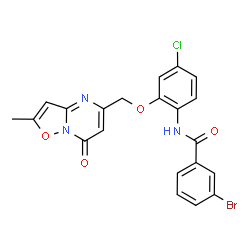 ChemSpider 2D Image | 3-Bromo-N-{4-chloro-2-[(2-methyl-7-oxo-7H-[1,2]oxazolo[2,3-a]pyrimidin-5-yl)methoxy]phenyl}benzamide | C21H15BrClN3O4