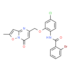 ChemSpider 2D Image | 2-Bromo-N-{4-chloro-2-[(2-methyl-7-oxo-7H-[1,2]oxazolo[2,3-a]pyrimidin-5-yl)methoxy]phenyl}benzamide | C21H15BrClN3O4
