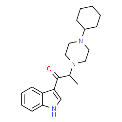 ChemSpider 2D Image | 2-(4-Cyclohexyl-1-piperazinyl)-1-(1H-indol-3-yl)-1-propanone | C21H29N3O