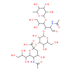ChemSpider 2D Image | 5-Acetamido-3,5-dideoxy-6-(1,2,3-trihydroxypropyl)hex-2-ulopyranonosyl-(2->3)hexopyranosyl-(1->3)-[6-deoxyhexopyranosyl-(1->4)]-2-acetamido-2-deoxyhexose | C31H52N2O23