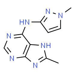ChemSpider 2D Image | 8-Methyl-N-(1-methyl-1H-pyrazol-3-yl)-1H-purin-6-amine | C10H11N7