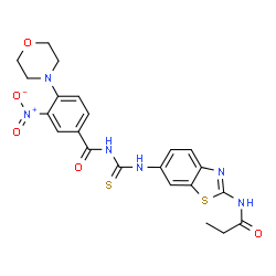 ChemSpider 2D Image | 4-(4-Morpholinyl)-3-nitro-N-{[2-(propionylamino)-1,3-benzothiazol-6-yl]carbamothioyl}benzamide | C22H22N6O5S2