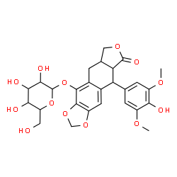 ChemSpider 2D Image | 9-(4-Hydroxy-3,5-dimethoxyphenyl)-8-oxo-5,5a,6,8,8a,9-hexahydrofuro[3',4':6,7]naphtho[2,3-d][1,3]dioxol-4-yl hexopyranoside | C27H30O13
