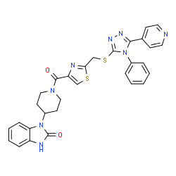 ChemSpider 2D Image | 1-(1-{[2-({[4-Phenyl-5-(4-pyridinyl)-4H-1,2,4-triazol-3-yl]sulfanyl}methyl)-1,3-thiazol-4-yl]carbonyl}-4-piperidinyl)-1,3-dihydro-2H-benzimidazol-2-one | C30H26N8O2S2