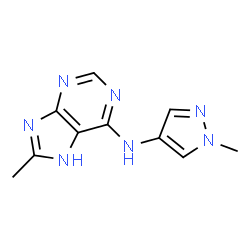 ChemSpider 2D Image | 8-Methyl-N-(1-methyl-1H-pyrazol-4-yl)-1H-purin-6-amine | C10H11N7