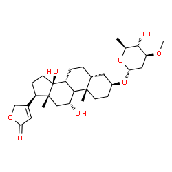 ChemSpider 2D Image | (3beta,5beta,9xi,11alpha)-3-[(2,6-Dideoxy-3-O-methyl-alpha-L-arabino-hexopyranosyl)oxy]-11,14-dihydroxycard-20(22)-enolide | C30H46O8