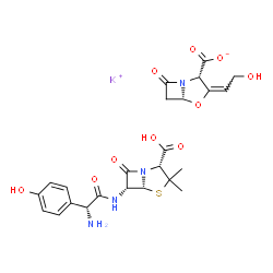 ChemSpider 2D Image | Potassium (2S,3E,5R)-3-(2-hydroxyethylidene)-7-oxo-4-oxa-1-azabicyclo[3.2.0]heptane-2-carboxylate (2R,5R,6R)-6-{[(2R)-2-amino-2-(4-hydroxyphenyl)acetyl]amino}-3,3-dimethyl-7-oxo-4-thia-1-azabicyclo[3.
2.0]heptane-2-carboxylic acid (1:1:1) | C24H27KN4O10S