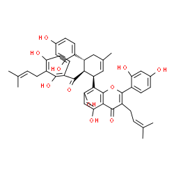 ChemSpider 2D Image | 8-[(1R,5R,6S)-6-[2,4-Dihydroxy-3-(3-methyl-2-buten-1-yl)benzoyl]-5-(2,4-dihydroxyphenyl)-3-methyl-2-cyclohexen-1-yl]-2-(2,4-dihydroxyphenyl)-5,7-dihydroxy-3-(3-methyl-2-buten-1-yl)-4H-chromen-4-one | C45H44O11