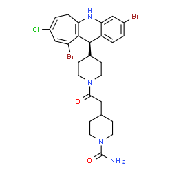 ChemSpider 2D Image | 4-(2-{4-[(11R)-3,10-Dibromo-8-chloro-6,11-dihydro-5H-cyclohepta[b]quinolin-11-yl]-1-piperidinyl}-2-oxoethyl)-1-piperidinecarboxamide | C27H31Br2ClN4O2